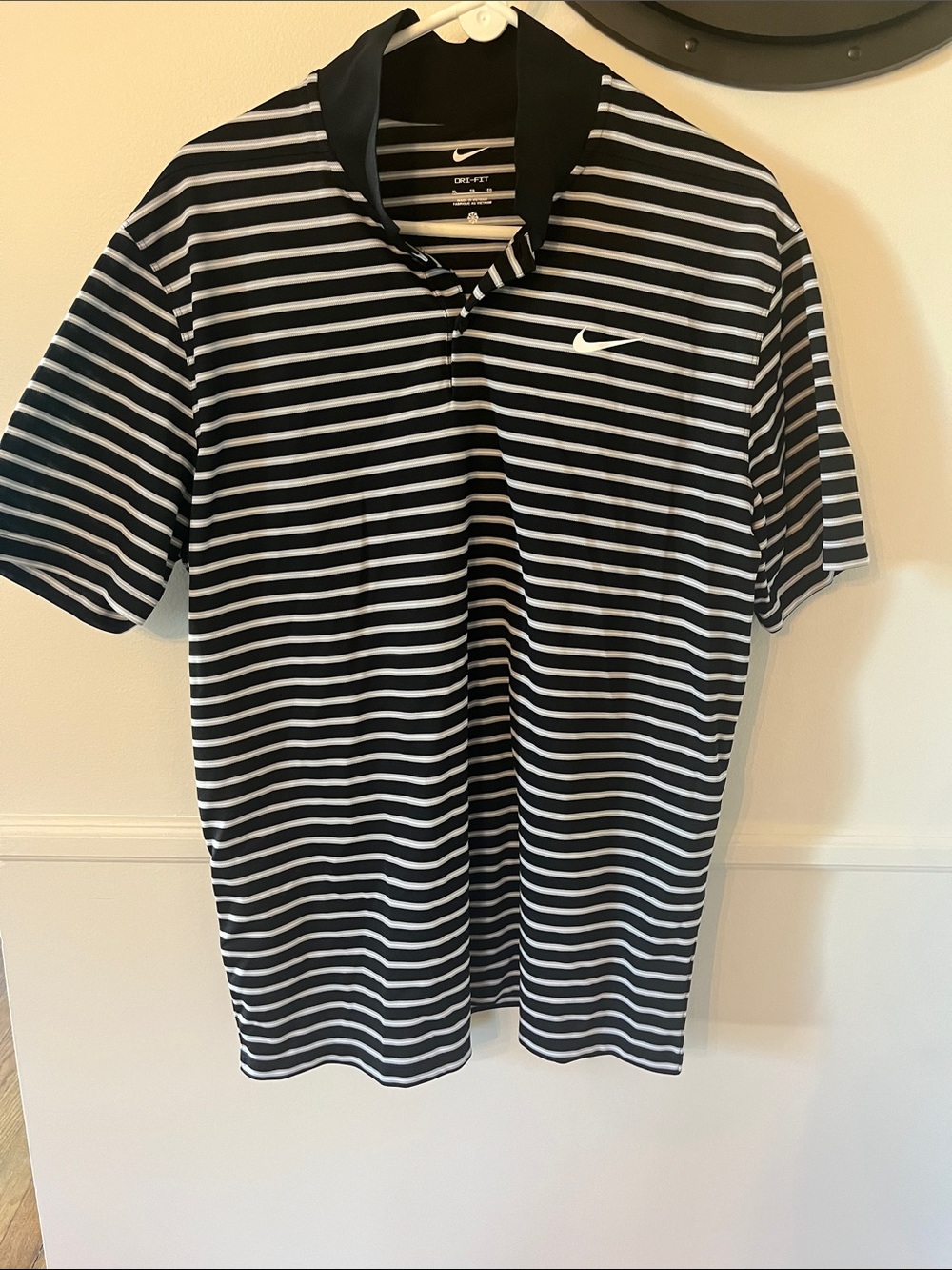 Nike Black & White Striped Dri-FIT Polo